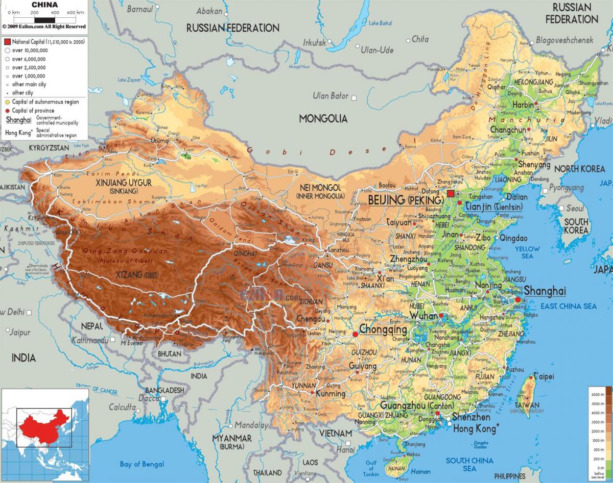 fizisko kartes Ķīna
